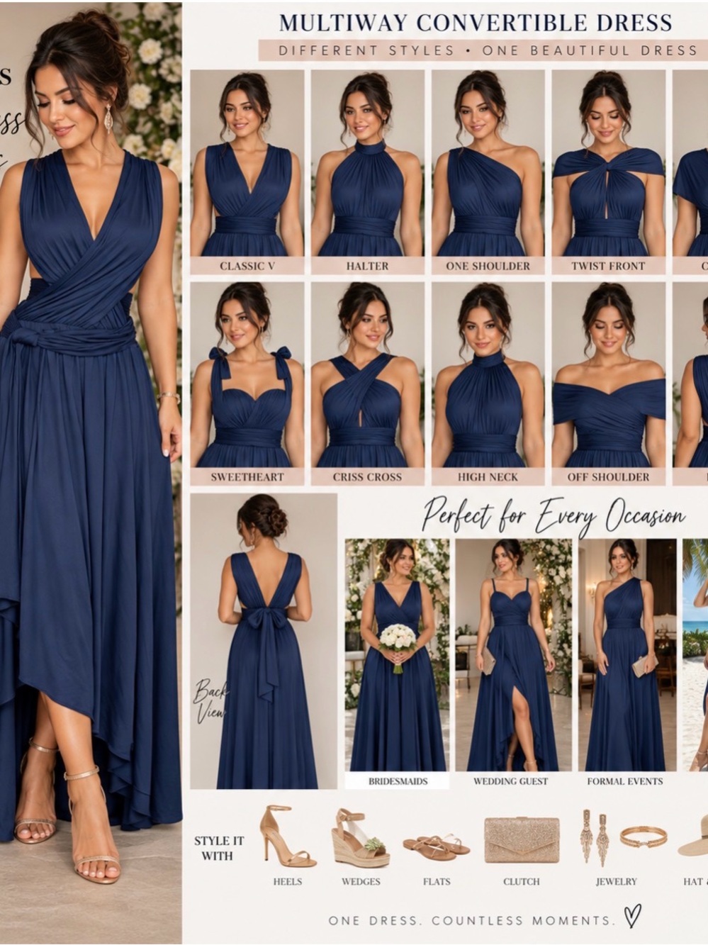 Convertible Multiway Backless Dress - Navy Blue XL NWT